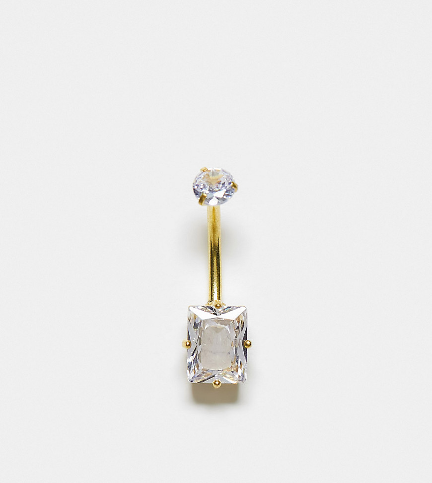 Kingsley Ryan Gold Plated square crystal belly bar in gold