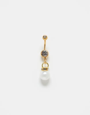 Kingsley Ryan Kingsley Ryan gold plated steel belly bar with crystal and faux pearl detail-Silver