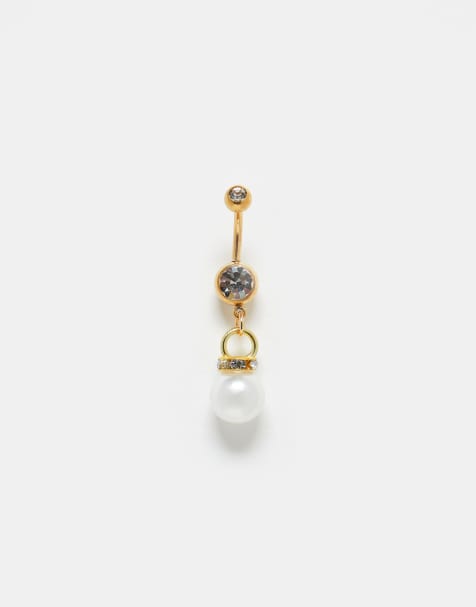 Kingsley Ryan gold plated steel belly bar with crystal and faux pearl detail - view 1