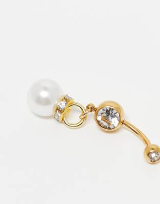 Kingsley Ryan Gold Plated Steel Belly Bar With Crystal And Faux Pearl Details-silver