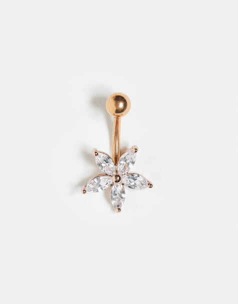 Kingsley Ryan gold plated steel crystal flower belly bar in gold plated - view 1