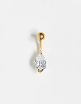 gold tone steel teardrop crystal belly bar-Silver