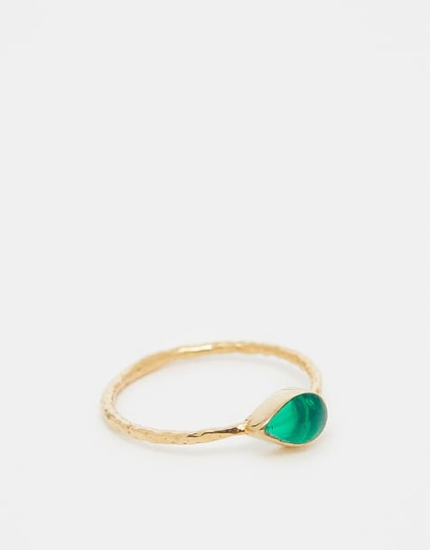 Kingsley Ryan - Guldbelagt ring med grøn sten og hamret design - view 1