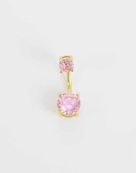 Kingsley Ryan – Guldpläterad navelpiercing med rosa, runda stenar - view 1