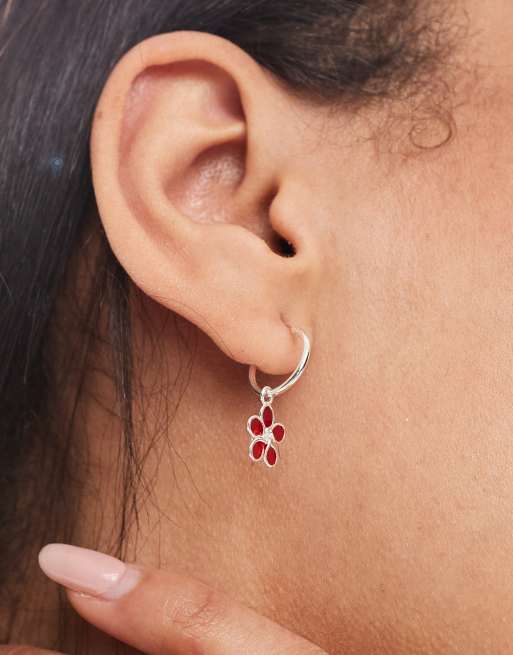 Kingsley Ryan hoop earrings with red enamel flower charm in sterling silver, 2 of 3