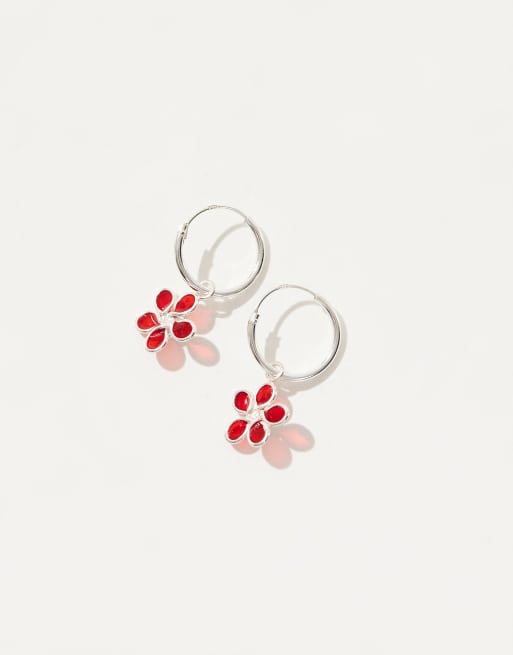 Kingsley Ryan hoop earrings with red enamel flower charm in sterling silver, 3 of 3