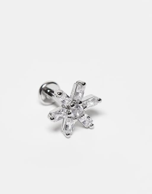 Kingsley Ryan - Labret-piercingørering i sølvfarvet stål med blomsterdesign og imiterede ædelsten