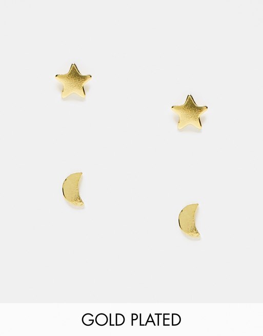 Kingsley Ryan - Lot de 2 paires de puces d'oreilles en plaqué or avec étoile et croissant de lune - Doré