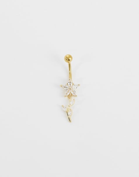 Kingsley Ryan marquise flower and petals belly bar in gold plate - view 1