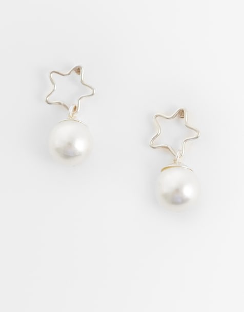 Kingsley Ryan open star and faux pearl stud earrings in sterling silver - view 1