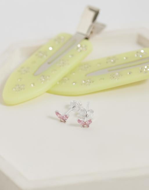 Kingsley Ryan - Orecchini a bottone a farfalla in argento sterling con gemme rosa, 2 di 4