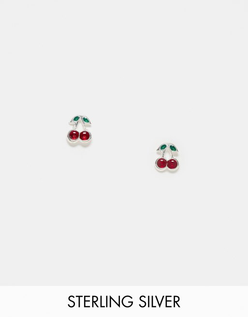 Kingsley Ryan - Orecchini a bottone in argento sterling a forma di ciliegie rosse