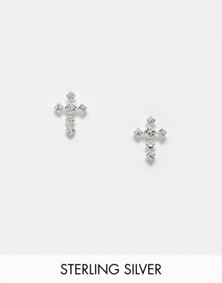 Kingsley Ryan - Orecchini a bottone in argento sterling con design a forma di croce con pietre