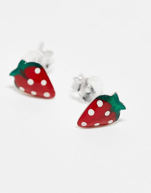 Kingsley Ryan - Orecchini a bottone in argento sterling con design a forma di fragole rosse, 2 di 4