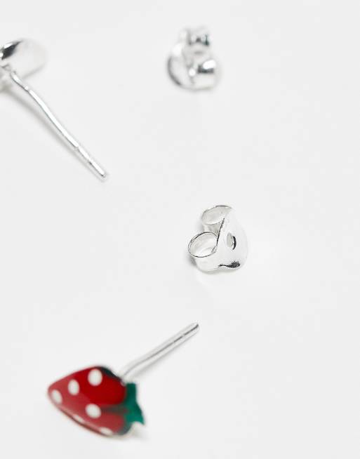 Kingsley Ryan - Orecchini a bottone in argento sterling con design a forma di fragole rosse, 4 di 4