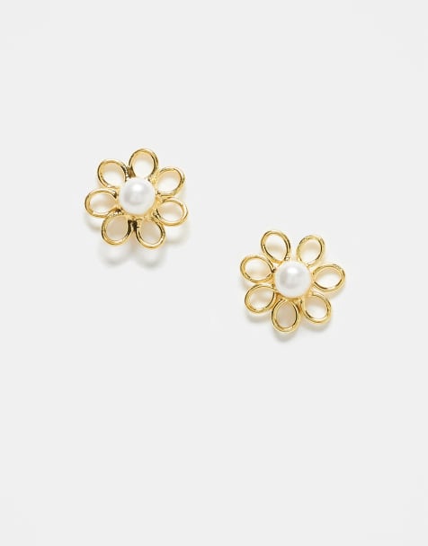 Kingsley Ryan - Orecchini a bottone placcati oro a forma di fiore con perle - view 1