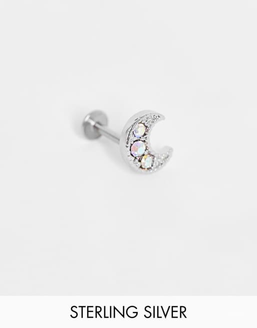 Kingsley Ryan - Orecchino a bottone singolo da piercing a forma di luna color argento con strass 