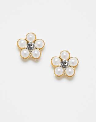 Kingsley Ryan pearl and gem daisy stud earrings-Gold