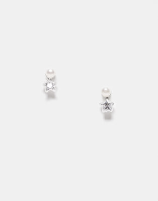 Kingsley Ryan Pearl Stud Crystal Star Drop Earrings In Silver