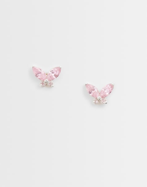 Kingsley Ryan - pendientes de botón de mariposa con piedras rosas en plata de ley - view 1