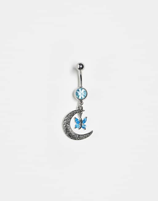 Kingsley Ryan - Piercing per l'ombelico blue e argentato a forma di luna con cristalli