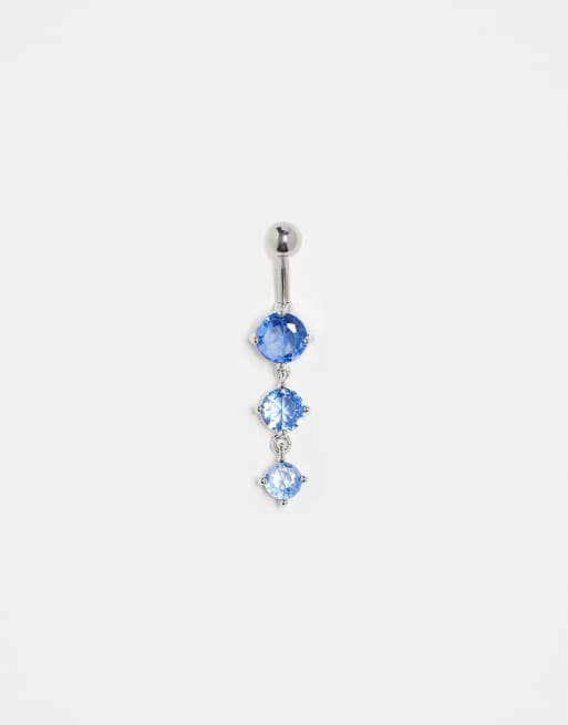 Kingsley Ryan - Piercing per ombelico in acciaio tonalità argento con pietra tripla blu