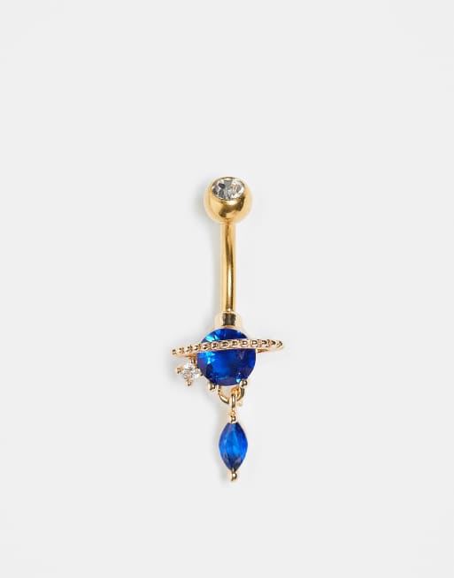 Kingsley Ryan - Piercing per ombelico placcato oro con charm a forma di pianeta blu