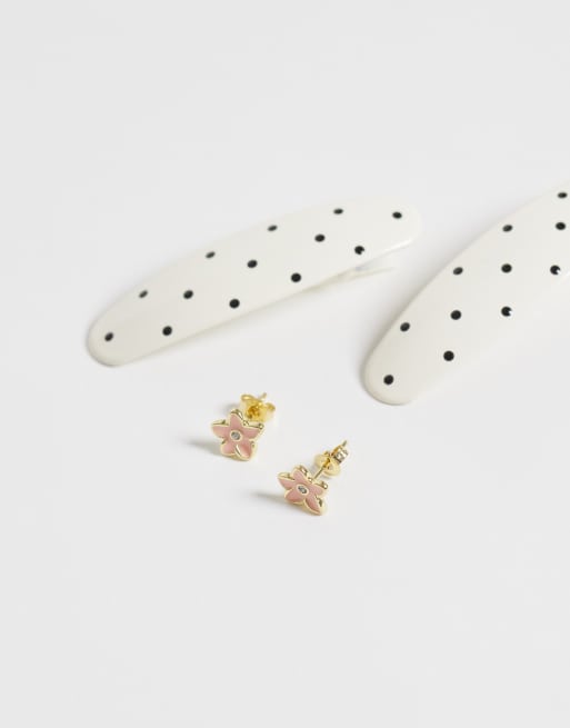 Kingsley Ryan pink enamel daisy studs in 14kt gold plated brass, 3 of 4