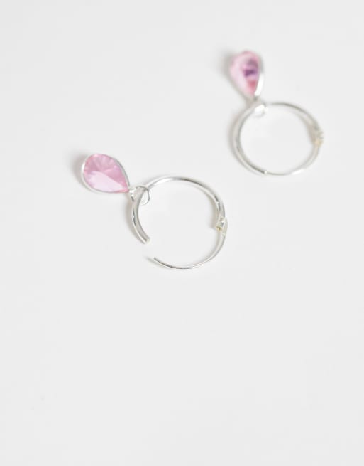Kingsley Ryan pink gemset teardrop dangley hoops in sterling silver, 3 of 4