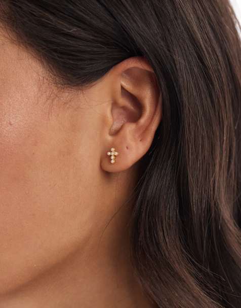 Kingsley Ryan – Pozłacane kolczyki wkrętki w kształcie krzyża ze sztucznymi perełkami - view 1