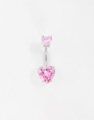 Kingsley Ryan stainless steel double pink crystal heart belly bar