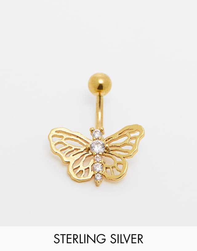 Kingsley Ryan stainless steel gold plated butterfly shape embellished belly bar