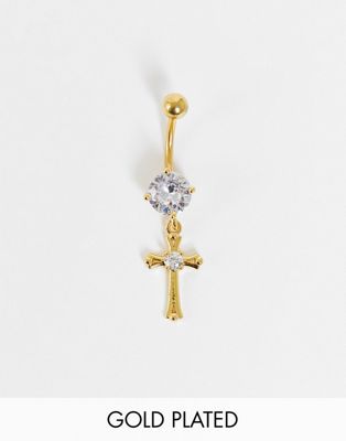 Kingsley Ryan stainless steel gold plated cross charm belly bar