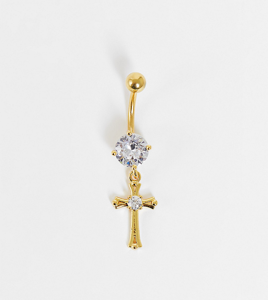 Kingsley Ryan stainless steel gold plated cross charm belly bar