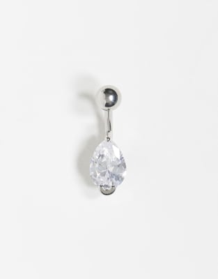 Kingsley Ryan Steel Tear Drop Crystal Belly Bar-silver