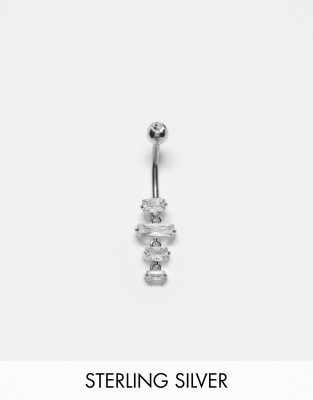 Kingsley Ryan Sterling Silver baguette crystal belly bar in silver - ASOS Price Checker