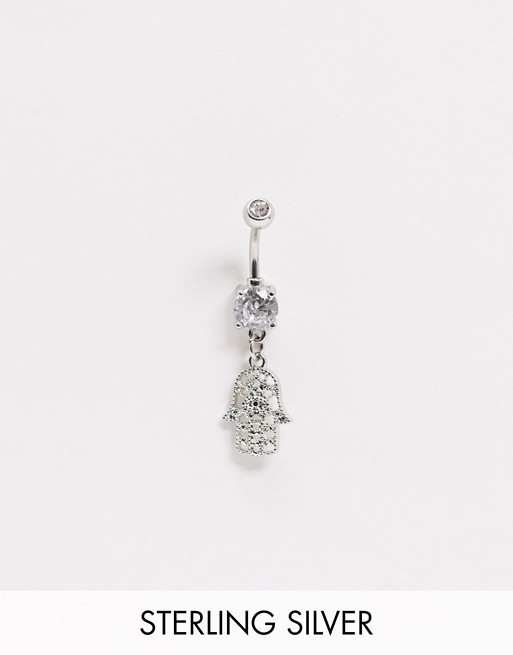 Kingsley Ryan sterling silver belly bar in crystal with hamsa hand