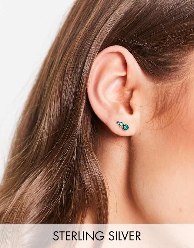 Kingsley Ryan - sterling silver emerald treble drop stud earrings