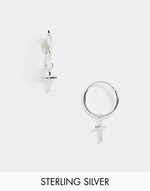 Kingsley Ryan 12mm hoop earrings with cross drop in sterling silver