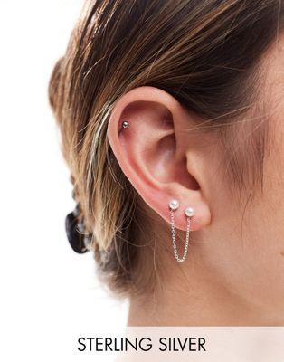 Kingsley Ryan Sterling Silver pearl stud earring on chain in silver