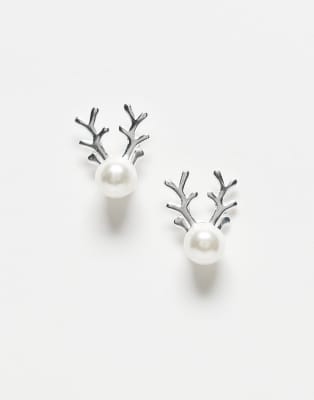 Kingsley Ryan - Weihnachtliche Ohrstecker mit Kunstperle und Rentierdesign in Silberoptik