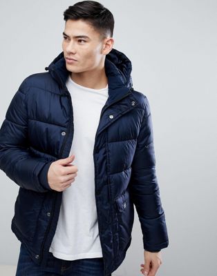 navy blue puffer jacket with hood