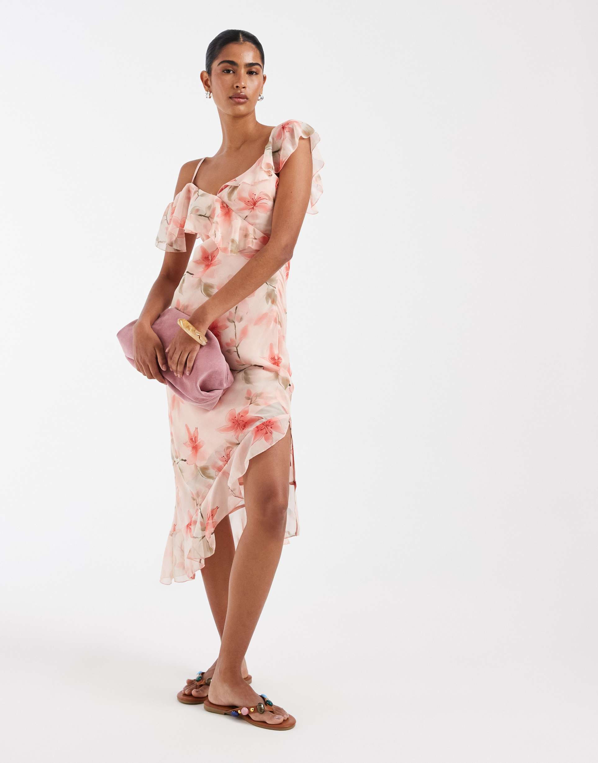 kiss the sky 90s carrie frilly chiffon printed midi dress in coral