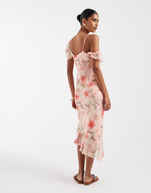 Kiss The Sky 90s Carrie frilly chiffon printed midi dress in coral | ASOS