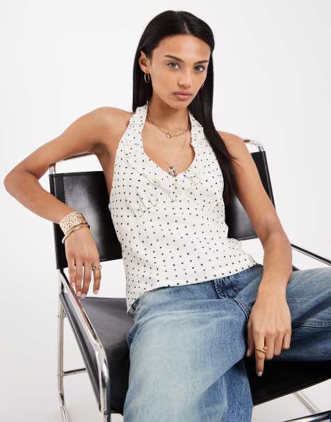 Kiss The Sky Aetitia cowl neck halter top in ivory polka dot - view 1