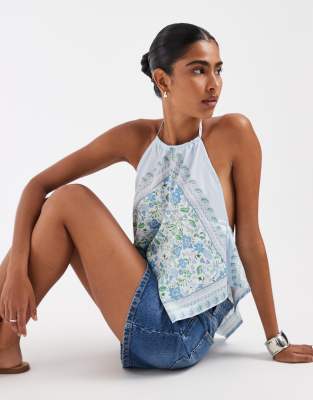 Kiss The Sky Amaretto Floral Halter Neck Top In Blue
