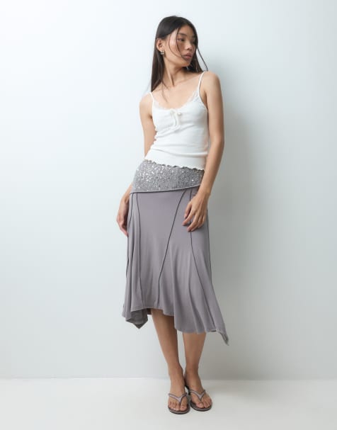 Kiss The Sky asymmetric midi skirt with lace detailing in silver grey co-ord
