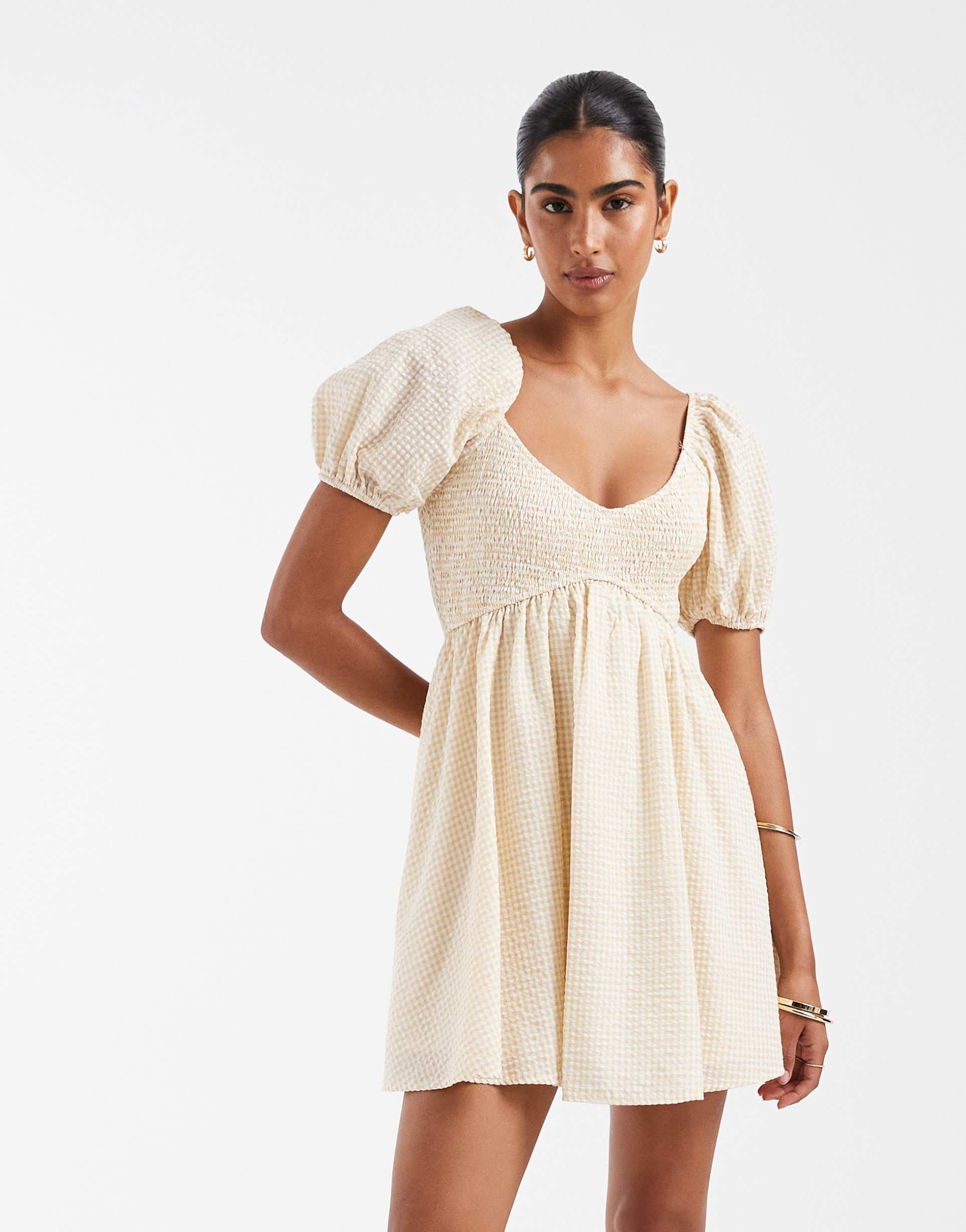 kiss the sky babydoll shirred mini dress in lemon yellow
