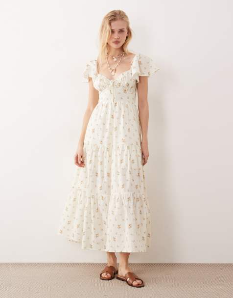 Kiss The Sky Bella flutter sleeve floral midaxi picnic dress in cream peach