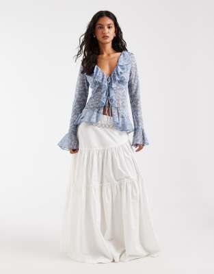 Kiss The Sky Boho Lace Long Sleeve Top With Tie Fronts In Blue